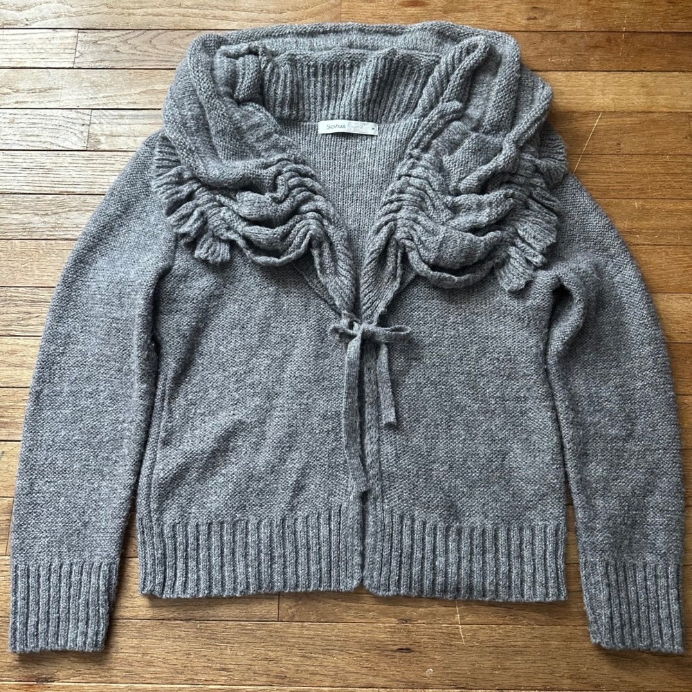 Skovhuus Mohair Blend Gray Ruffle‎ Collar Knit Sweater Cardigan Danish Size S